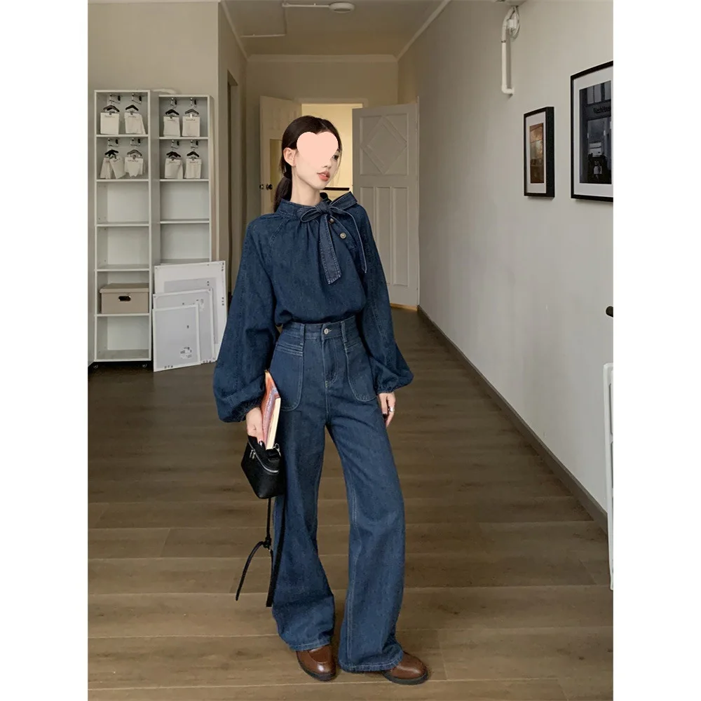 Bow Belt Denim Shirt For Women Lantern Sleeve Lapel Button Denim Tops High Waist Jeans Pantsb 2024 Spring Summer New Chic Sets