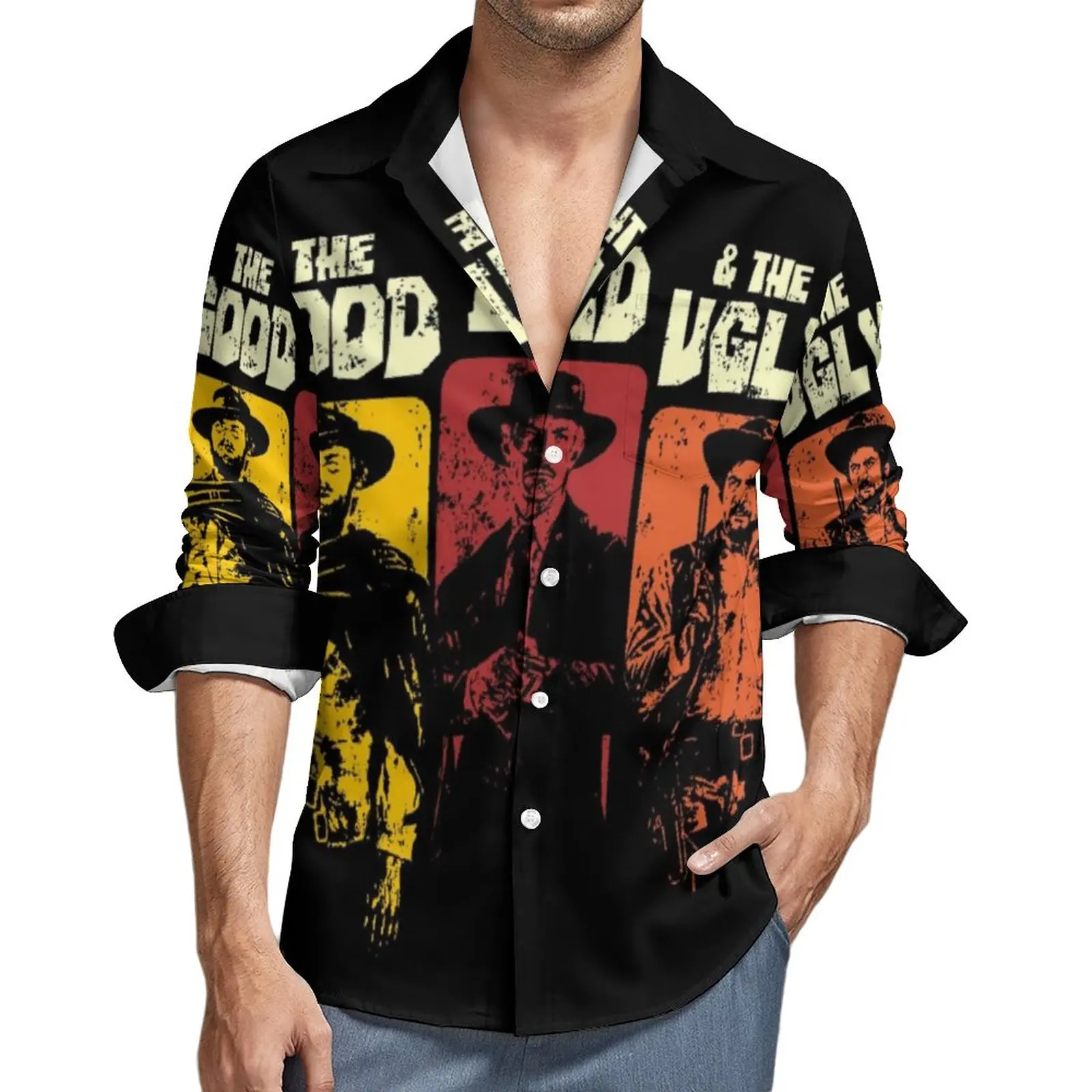 

The Good The Bad The Ugly Shirt Clint Eastwood Casual Shirts Long Sleeve Printed Harajuku Blouses Autumn Fashion Oversized Tops