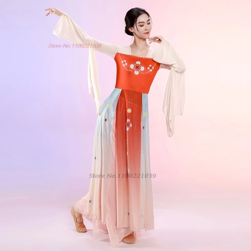 2025년 전통 중국 빈티지 드레스 한푸 레트로 꽃무늬 한푸 상의+하의 세트 전통 무용 공연 의상