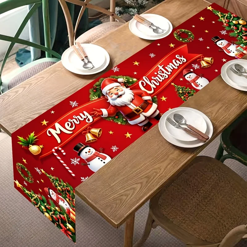 VIKAMA Christmas Table Runner for Dining Table Merry Christmas Santa Snowman Candy Cane Bell Winter Linen Decor