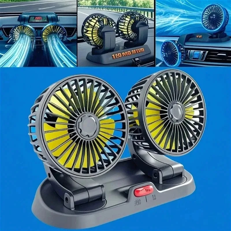 Ventilador de mesa Dual Head Cooling Air Fan Brushless Motor Baixo Ruído Veículo Automóvel Micro USB para Car Car Cooling 360 ° Ajustável