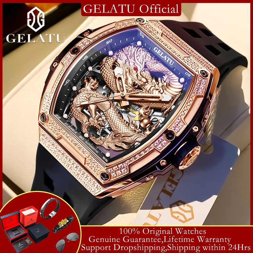 

GELATU 6021 Часы Dragon для мужчин Роскошные автоматические механические мужские наручные часы 5 бар Водонепроницаемые мужские часы со светящимся бриллиантовым безелем