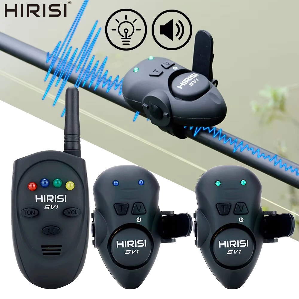 Hirisi SV1 Drahtloser Karpfenangel-Bissalarm 1+4 Empfänger-Set LED Einstellbare Lautstärke Tonsensibilität 150M Wasserdicht mit Etui