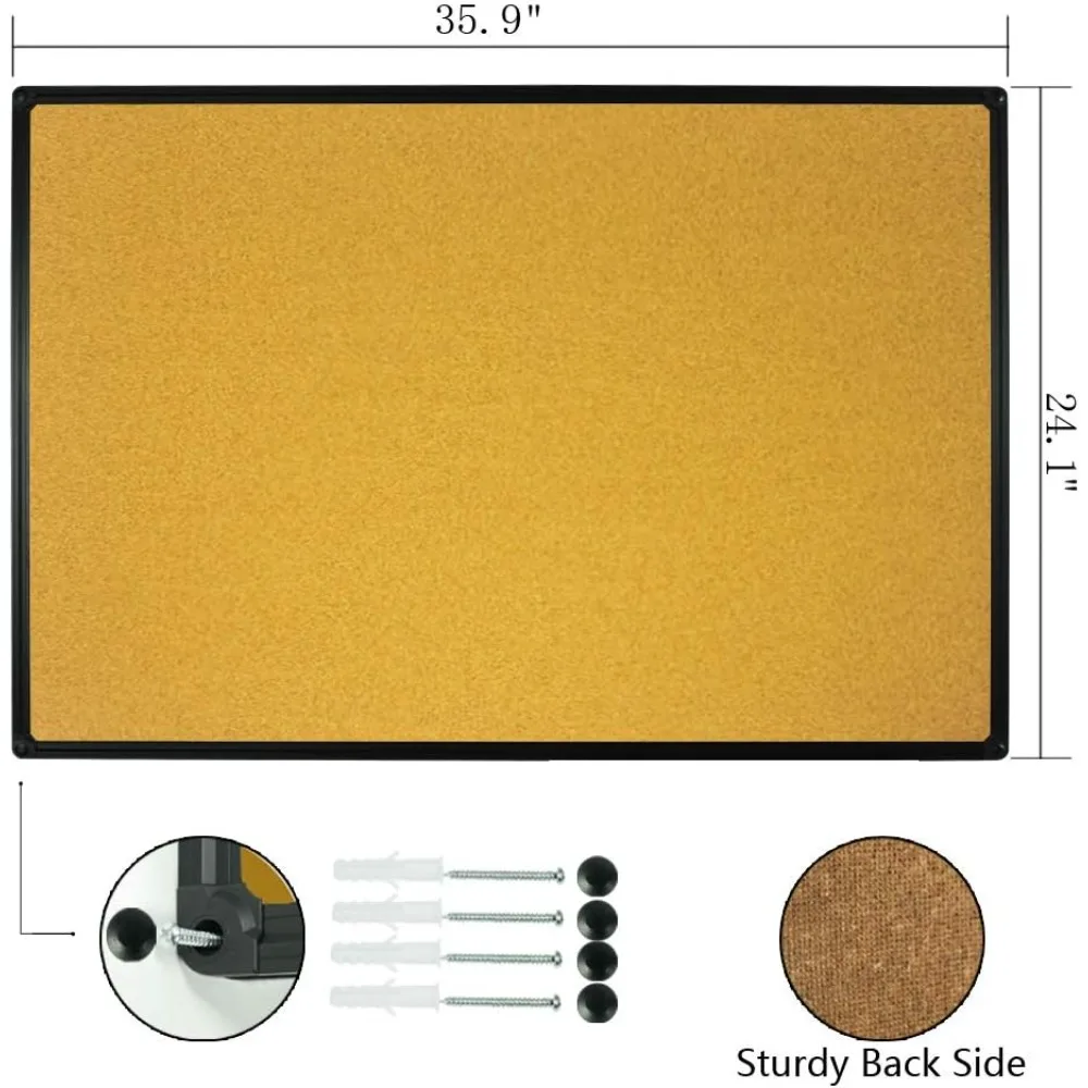 لوحة إعلانات من الفلين مقاس 36 × 24 بإطار من الألومنيوم الأسود مثبتة على الحائط للمكتب والمنزل والمدرسة مع دبابيس ضغط