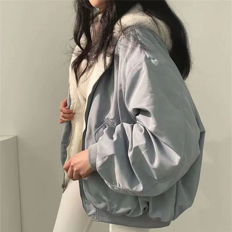 Thickened Two-Sided Wear Lambswool Cotton Jacket Korea Down Women's Winter New Zipper Hooded Parkas