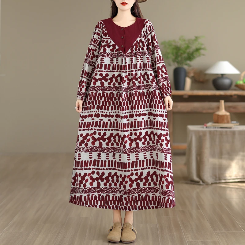 جديد Ele القطن الكتان الأزهار طباعة ميدي الدكتور وهمية قطعتين ربيع الخريف العرقية Sle فضفاضة تناسب عالية الخصر طويلة Sve V...