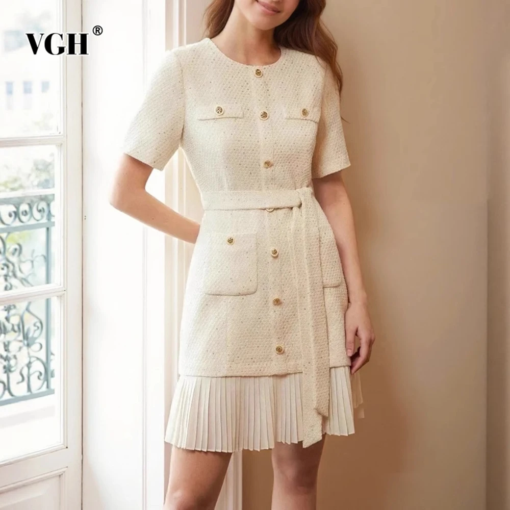 

VGH Slimming Elegant Spliced Pocket Short Dresses For Women Round Neck Short Sleeve High Waist Temperament Dress Female Fashion