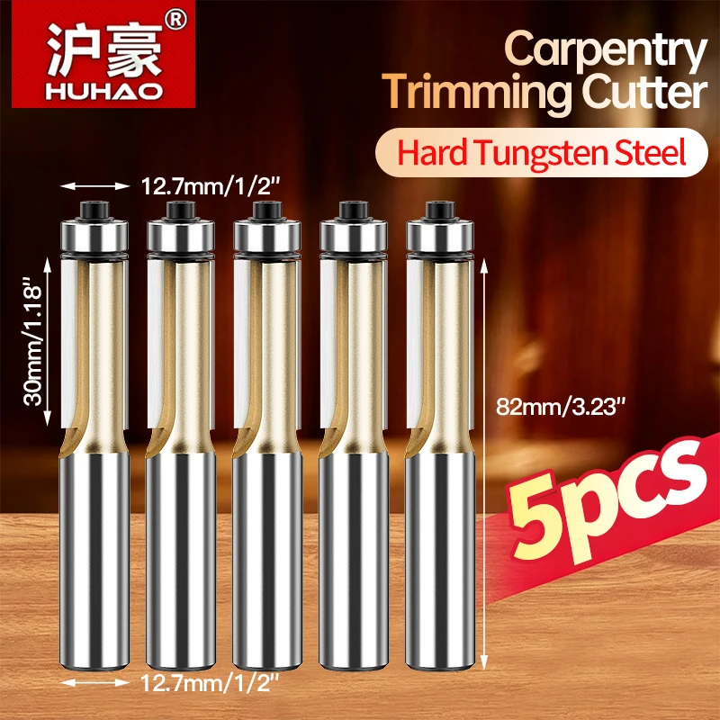 HUHAO 5PCS Bearing Flush Trim Router Bit 1/2 1/4 Inch Shank Carbide Wood Trimming Cutter Woodworking Milling Tool
