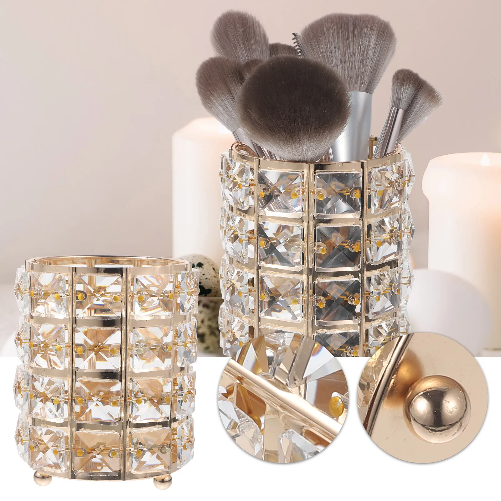 

1Pcs Golden Crystal Makeup Brush Holder Pen Container Stylish Desktop Organizer Gift Crystal Pen Holder Desktop Organizer