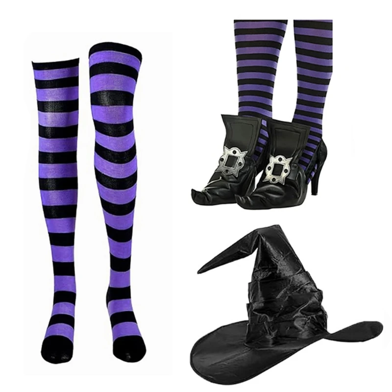 Witch Hat Witch Shoe Cover Striped Stockings Set for Girl Women Cosplay Party