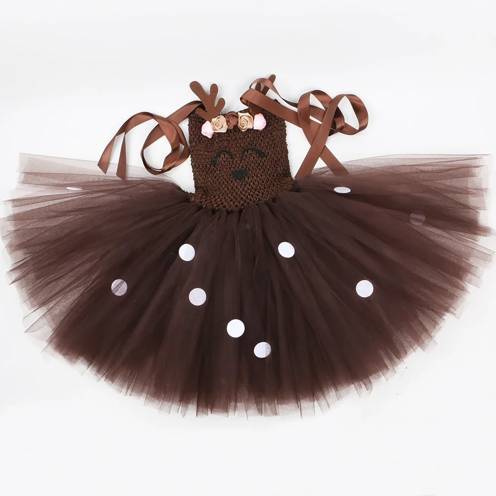 Brown Reindeer Deer Costume for Girls Christmas Tutu Dress Flowers Antler Tulle Princess Dress Toddler Kids Xmas Party Clothes