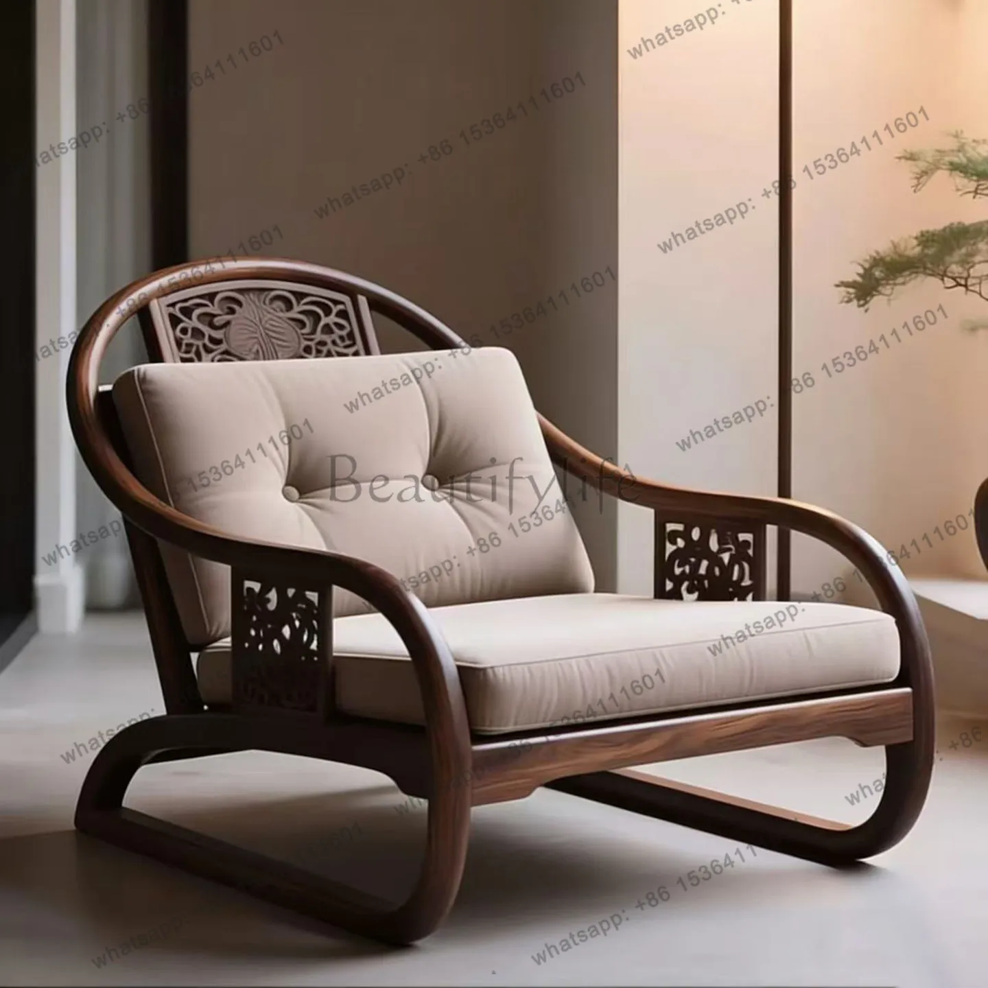 YJ new Chinese-style North American black walnut leisure chair solid wood armchair single sofa chair