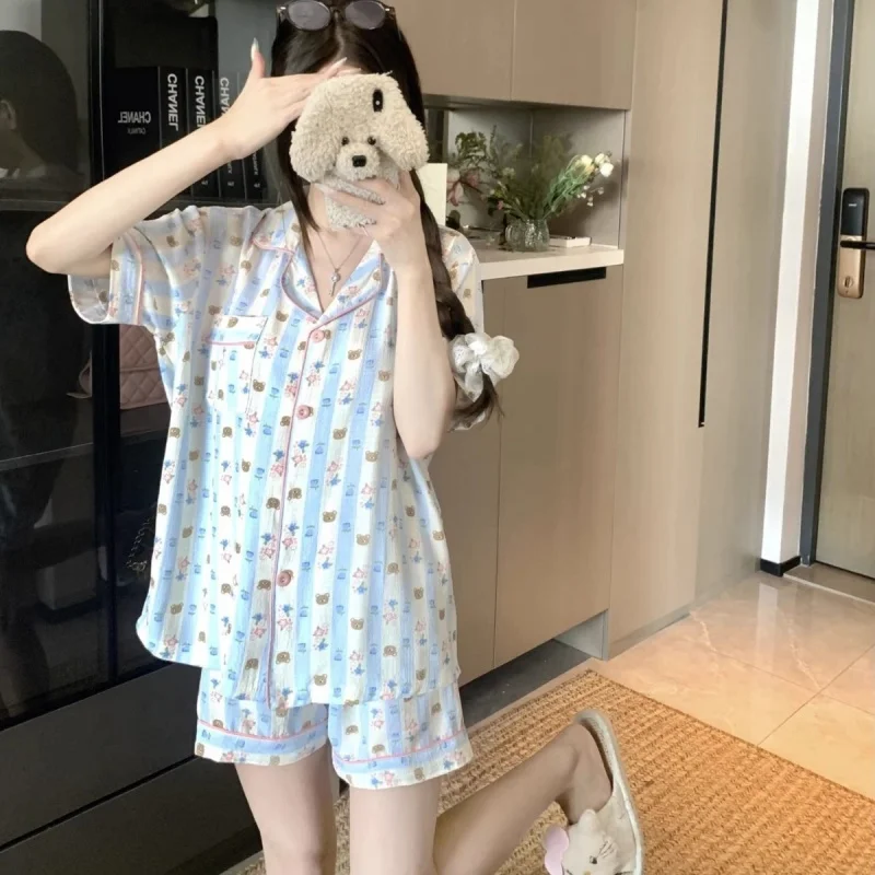

Summer New Ladies Short-Sleeved Striped Cartoon 2025 Pajamas Girls Student Models Short-Sleeved Sweet Cartoon Homewear Suit