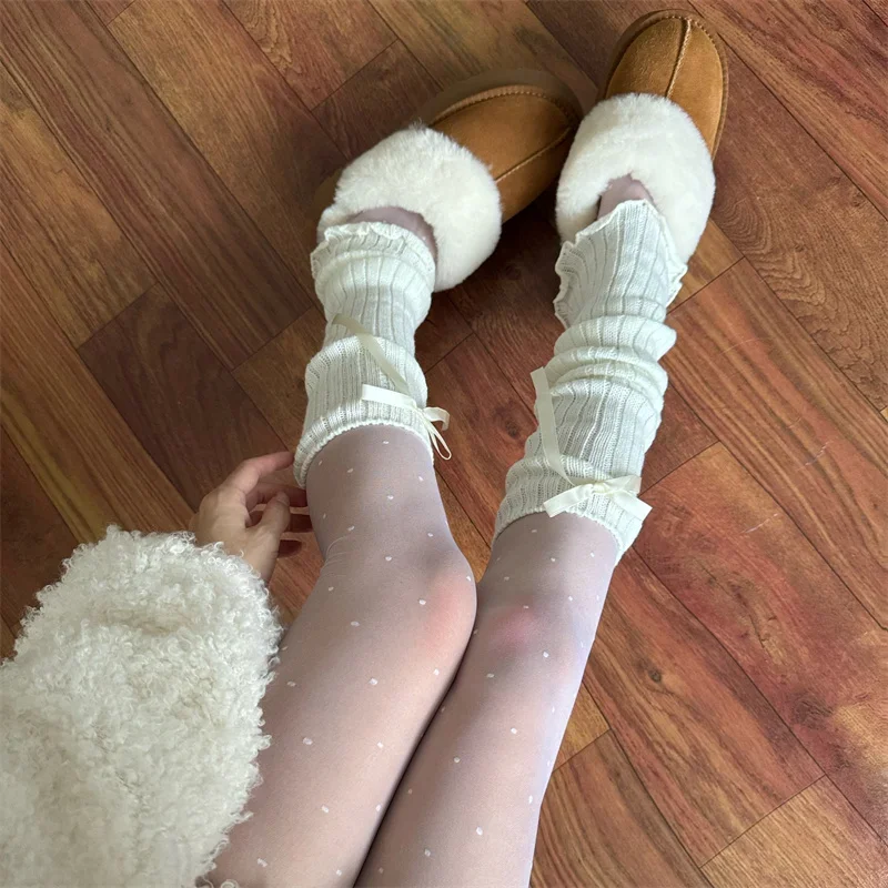 Harajuku Woman Leg Warmers Autumn And Winter Ribbon Lolita Black Knee Warmers Long Socks JK Knitted Girl White Leg Warmers