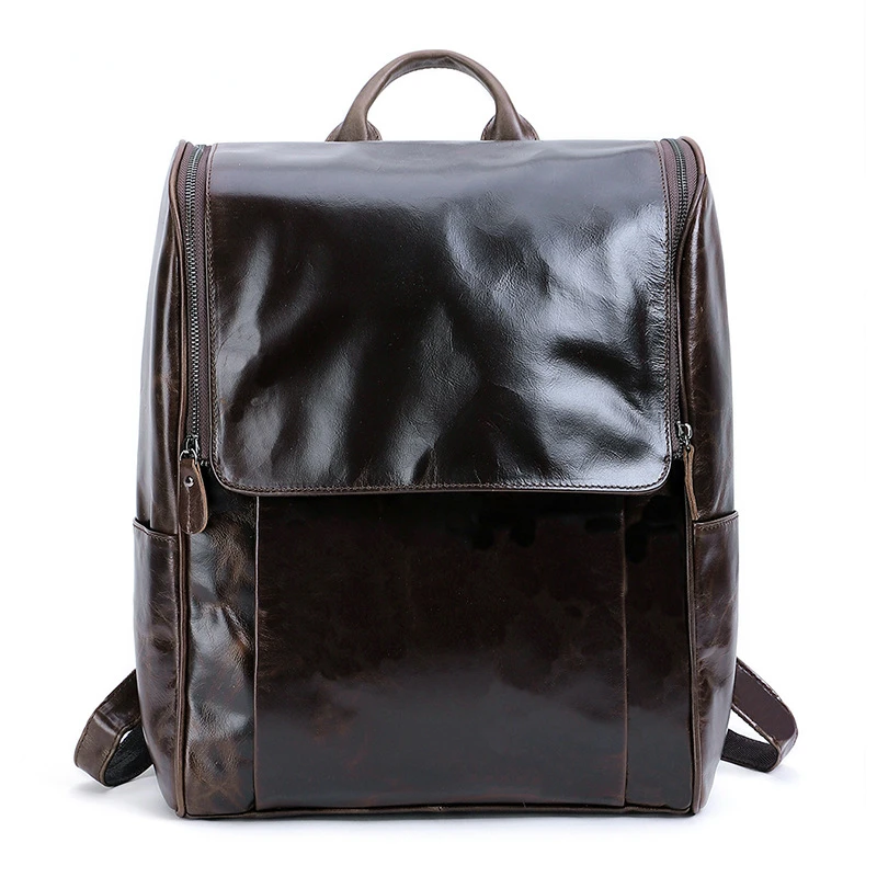 Chikage Business Men\'s Leather Backpack Large Capacity 15.6 Inch Computer Backpack High Quality Cowhide Retro Backpack