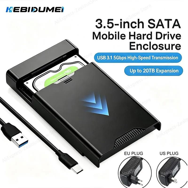  KEBIDUMEI 3.5'' HDD Case SATA to USB 3.1 Adapter External Hard Drive Enclosure for 2.5" 3.5" SSD Disk 450Mb/s Support 20TB Max