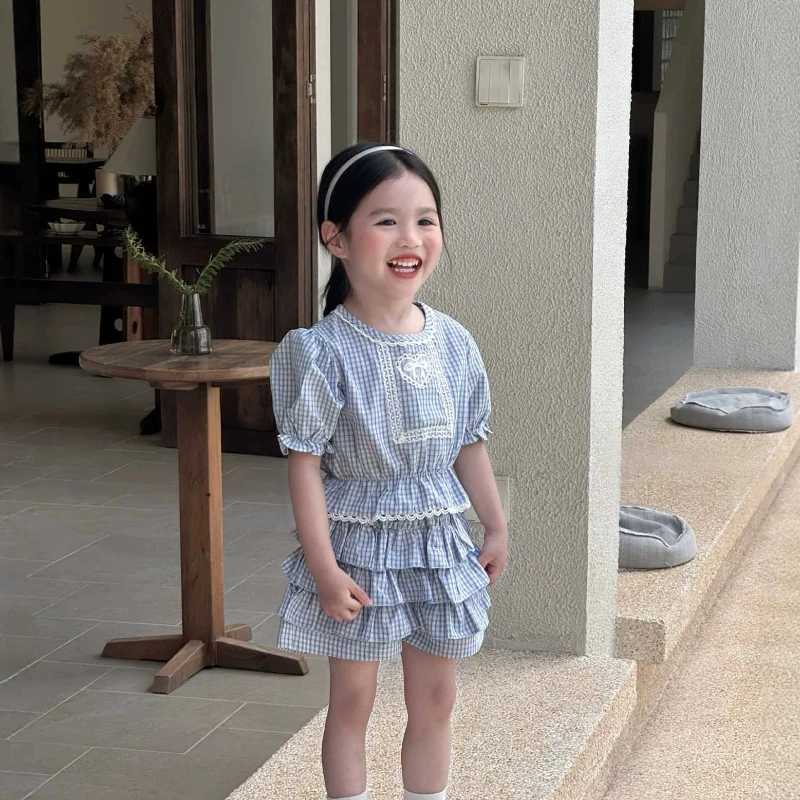 2026 Summer New Korean Version Children's Clothing, Girls' Sweet Lace Love Bubble Sleeves, Doll Shirt, Cake Skirt Pants