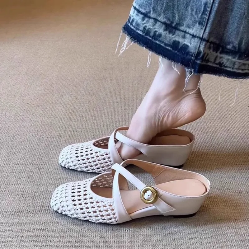 

2025 New Wedge Slippers Women's Fashionable Square Toe Shallow Mouth Metal Buckle One Strap Soft Sole Non-Slip Shoes