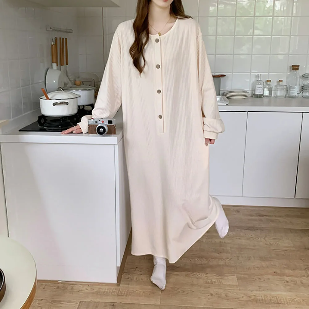 2024 New Half Cardigan Mid-Length Nightdgown For Women Spring Solid Long Sleeved Round Neck Home Nightdress Simple Casual Pajama
