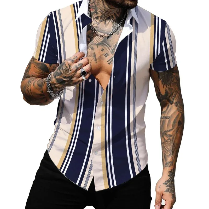 Men's Spring/Summer Casual Fashion Round-neck Short-Sleeve Blazer with Personalized Stripes Print Shirt