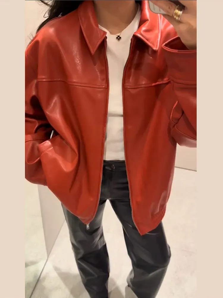 Vintage Textured Leather Jacket Coat Matte Zipper Lapel Commuting