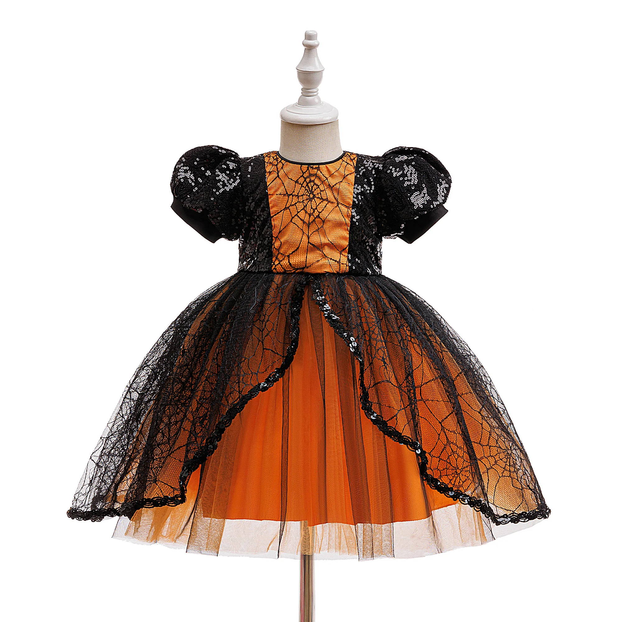 Girls' Halloween Midi Ribbon Bow Dress Puff Sleeves Moderately Fitted Fabric All-Season Party Gown Holiday Gift