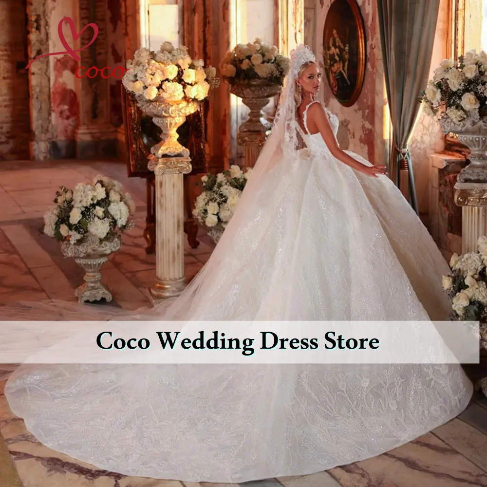 맞춤형 럭셔리 레이스 비딩 진주 자수 공주풍 볼 가운 웨딩 드레스 스파게티 스트랩 퍼피 브라이덜 가운