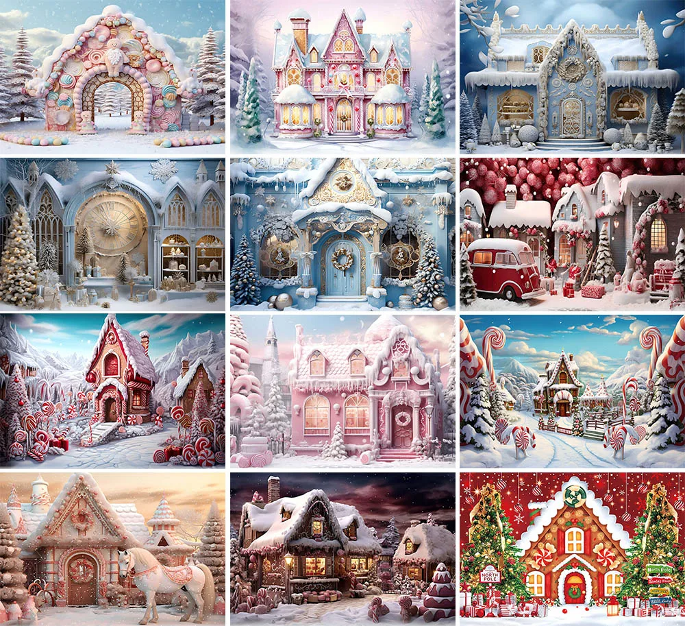 Mehofond Snow Forest Gingerbread House Backdrop For Family Festival Party Clock Store Snowscape Photography Background Photozone