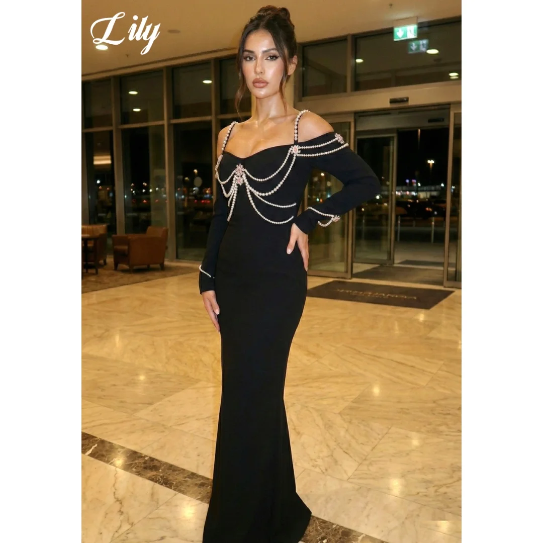 

Lily Black Prom Dress Off Shoulder Pearl Chain Embellished Long Sleeve Mermaid Silhouette Formal Evening Party Gown Customized