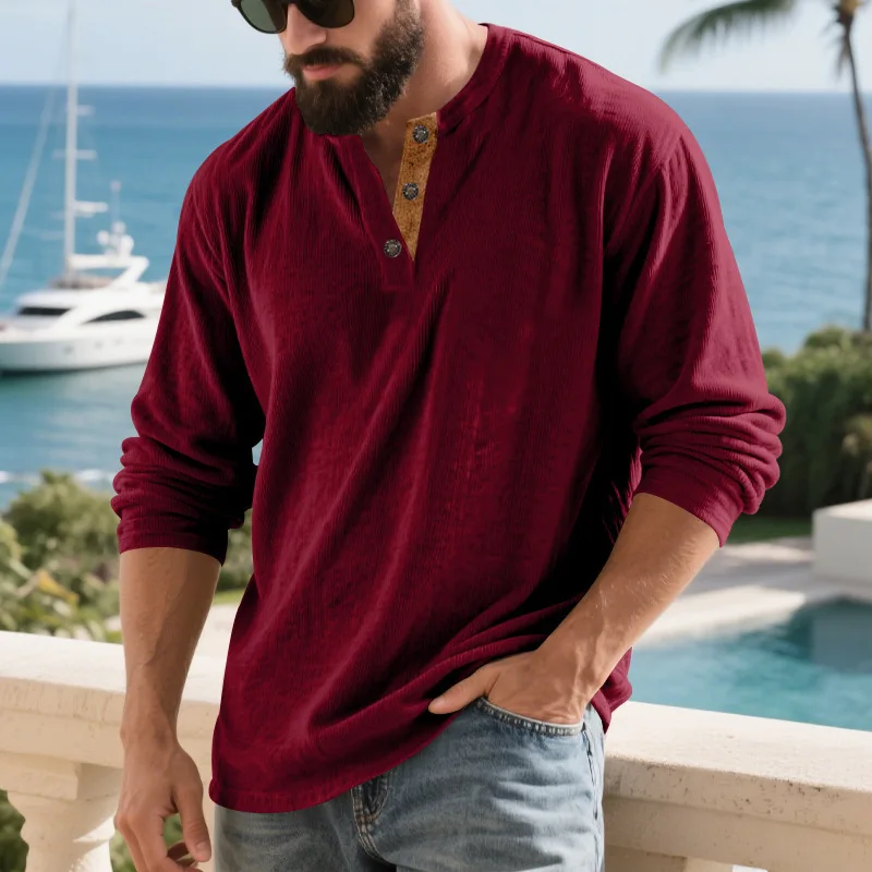 Spring Autumn Corduroy Fashionable T-Shirts Men Henry Collar Vintage Loose Casual Tshirt Man Sports Tees Beach Tops Streetwear