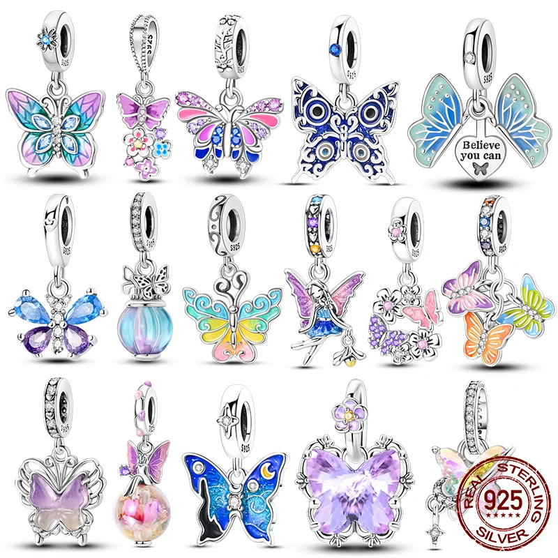 

925 Sterling Silver Charms Beads Luminous Elf Colorful Butterfly Pendant Fit Women Original Bracelet DIY Christmas Gift