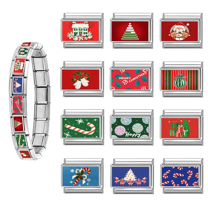 2026 Fashions Candy Cane Snow House Happy Merry Christmas Italian Charms Links Fit 9mm Bracelet Stainless Steel Making Jewelrys