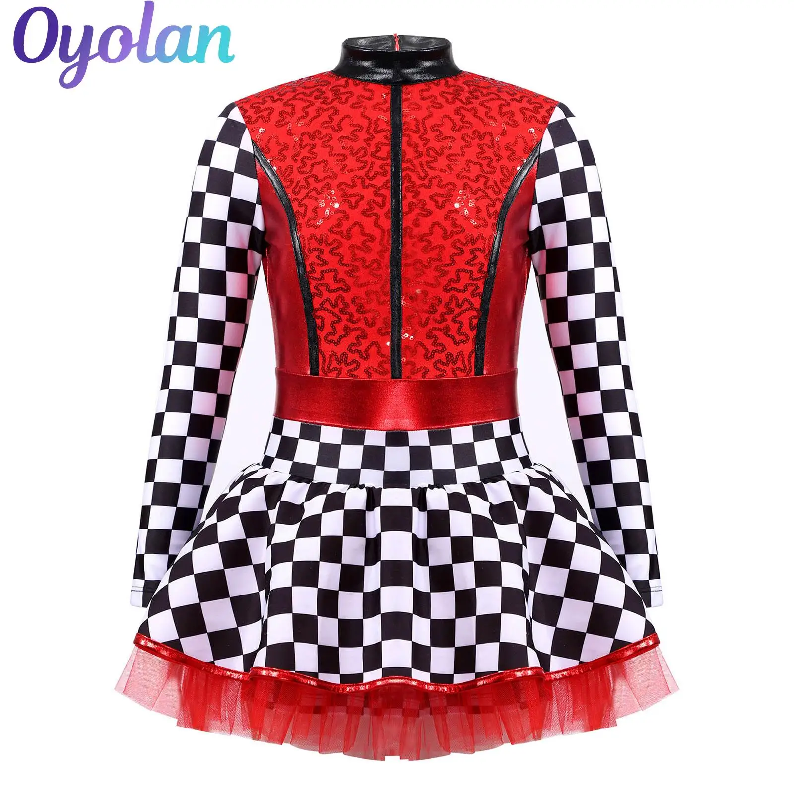 

Girls Racer Racing Driver Cosplay Outfits Ballet Dance Leotard Dress Halloween Costume Checkerboard Long Sleeve Sequin Dress