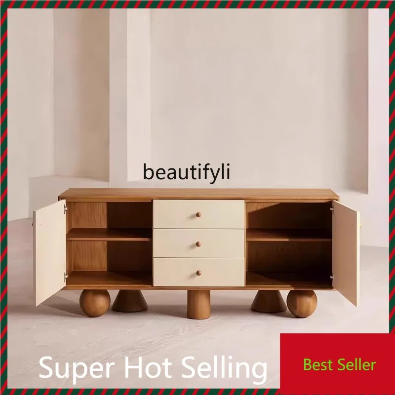 B132 Nordic cream style solid wood dining side cabinet living room decoration multi-functional storage cabinet