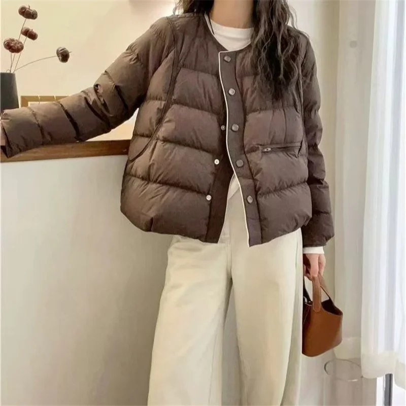 

New Lightweight down Jaet round Ne 90 Du down Loose Faion Single Row Warm Outerwear Winter Women's Faion