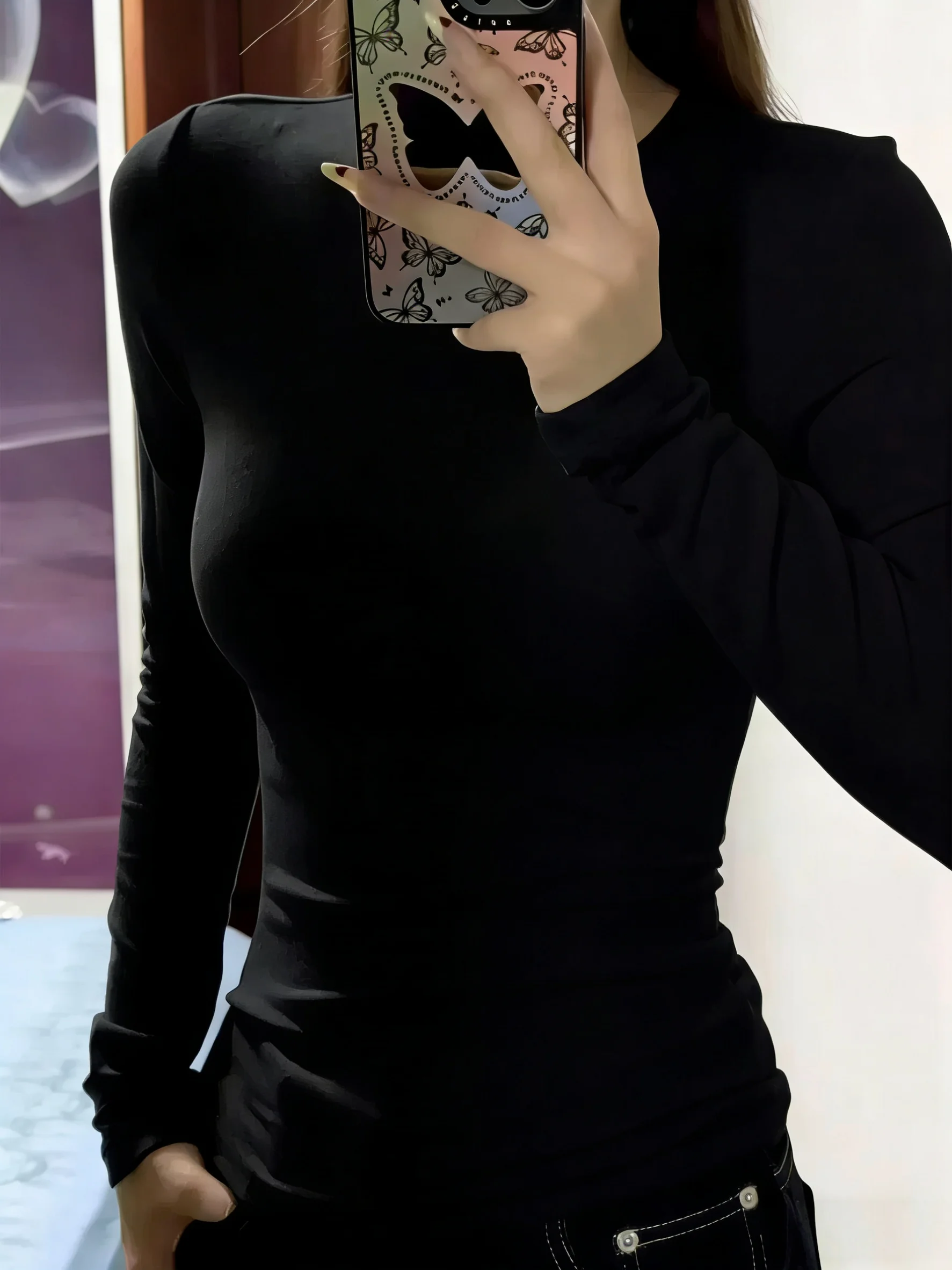 Women's round Neck Long Sleeve T-Shirt 95 Cotton Base Shirt plus Size Slim Fit Inner Wear  Color Shoulder Appropriate Top