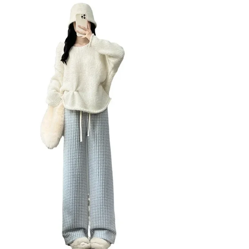 秋冬新作 ストレートレッグ スリム ラムベルベット チェック柄 ワイドレッグパンツ ゆったりスタイル レディース カジュアルパンツ