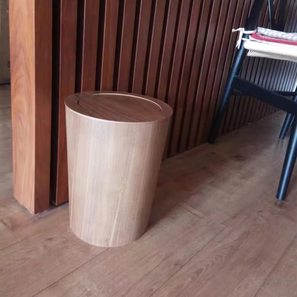 Garbage Can Wood Office Bedroom Dormitory Living Room Bathroom Bin Storage Wastebasket with Rolling Cover Type 2