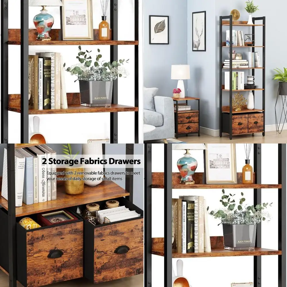 

71 Rustic Tall Bookshelf with 2 Drawers, Industrial Style Wood and Metal Storage, 6-Tier Display Unit for Home Office or Bedroom