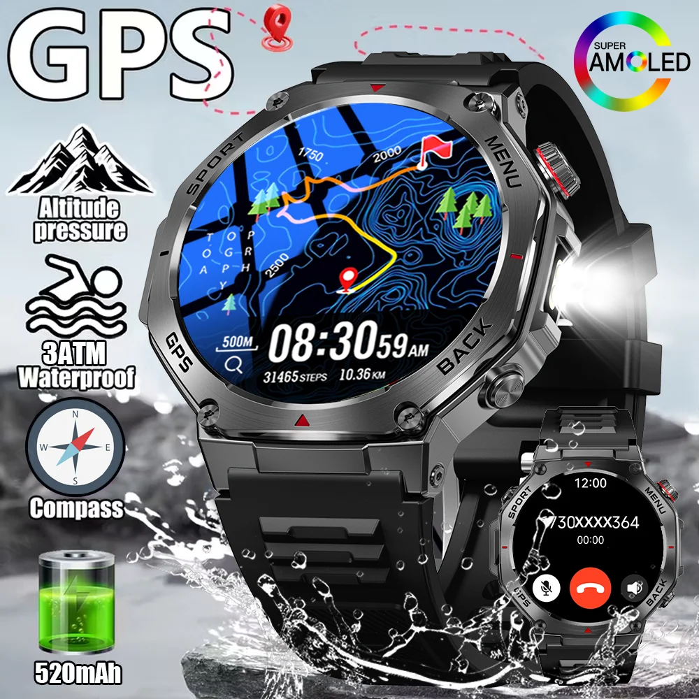 

DAORKOW 2026 new GPS sports smartwatch AMOLED flashlight 3ATM waterproof Fitness tracker BT Call men's and women's smartwatch