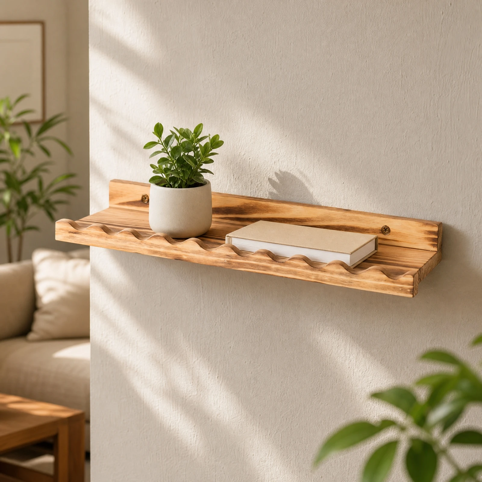 Wood Wall Shelf with Raised Back Rail Space-Saving Wall-Mounted Storage Shelf Floating Shelves Easy to Install Sturdy