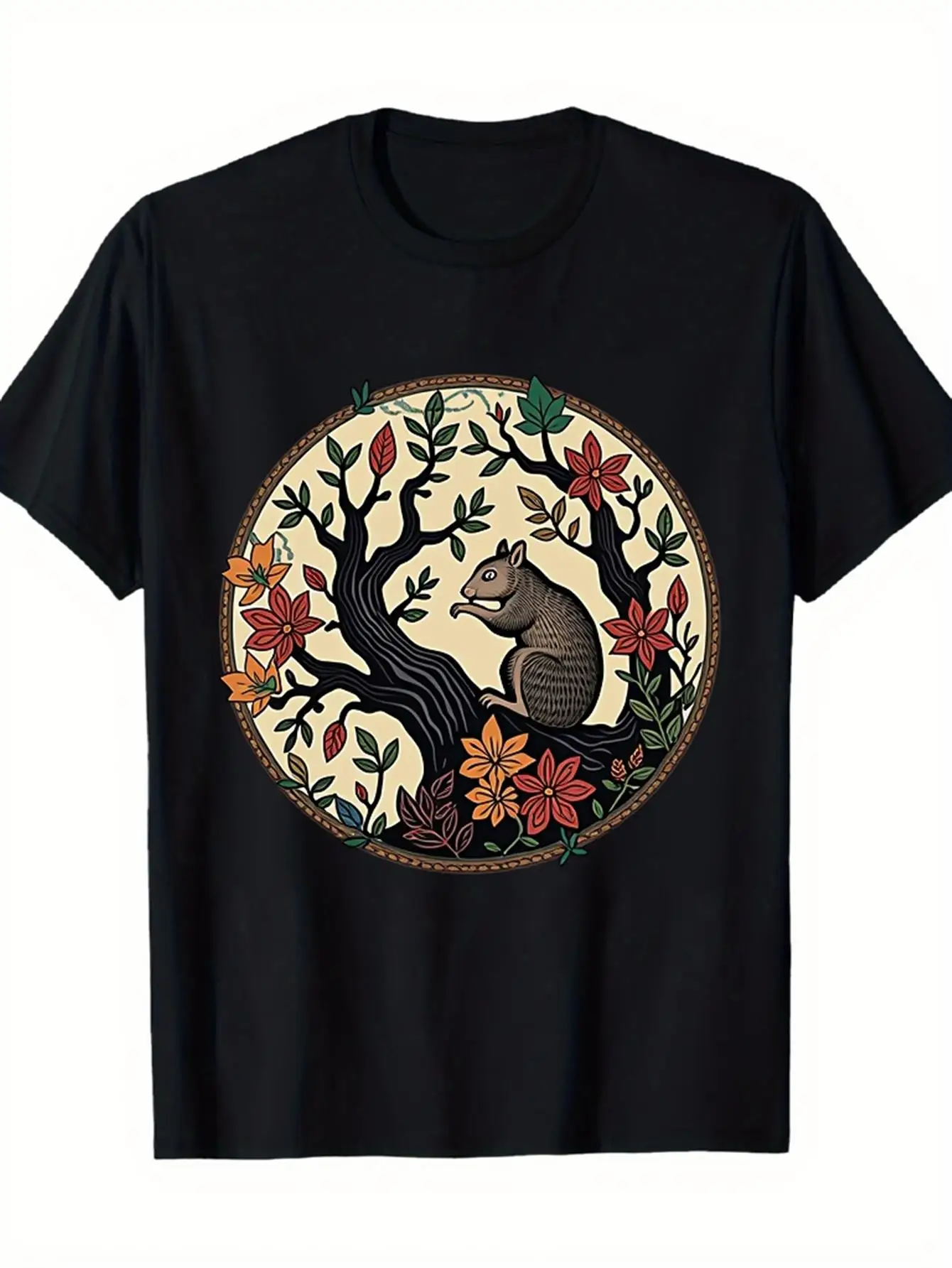 Vintage Men's Black Graphic T-Shirt Squirrel Tree Branch Forest Leaves Floral Circle Nature Illustration 100% Cotton Heavyweight Short Sleeve Casual Streetwear Tee