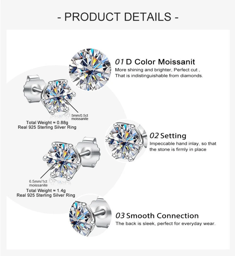 JoyceJelly 1/2/4CT VVS D Farbe Moissanit Russische Cut 8H8A Labor Diamant Stud Ohrringe Für Frauen S925 Sterling silber Edlen Schmuck – Detail 2