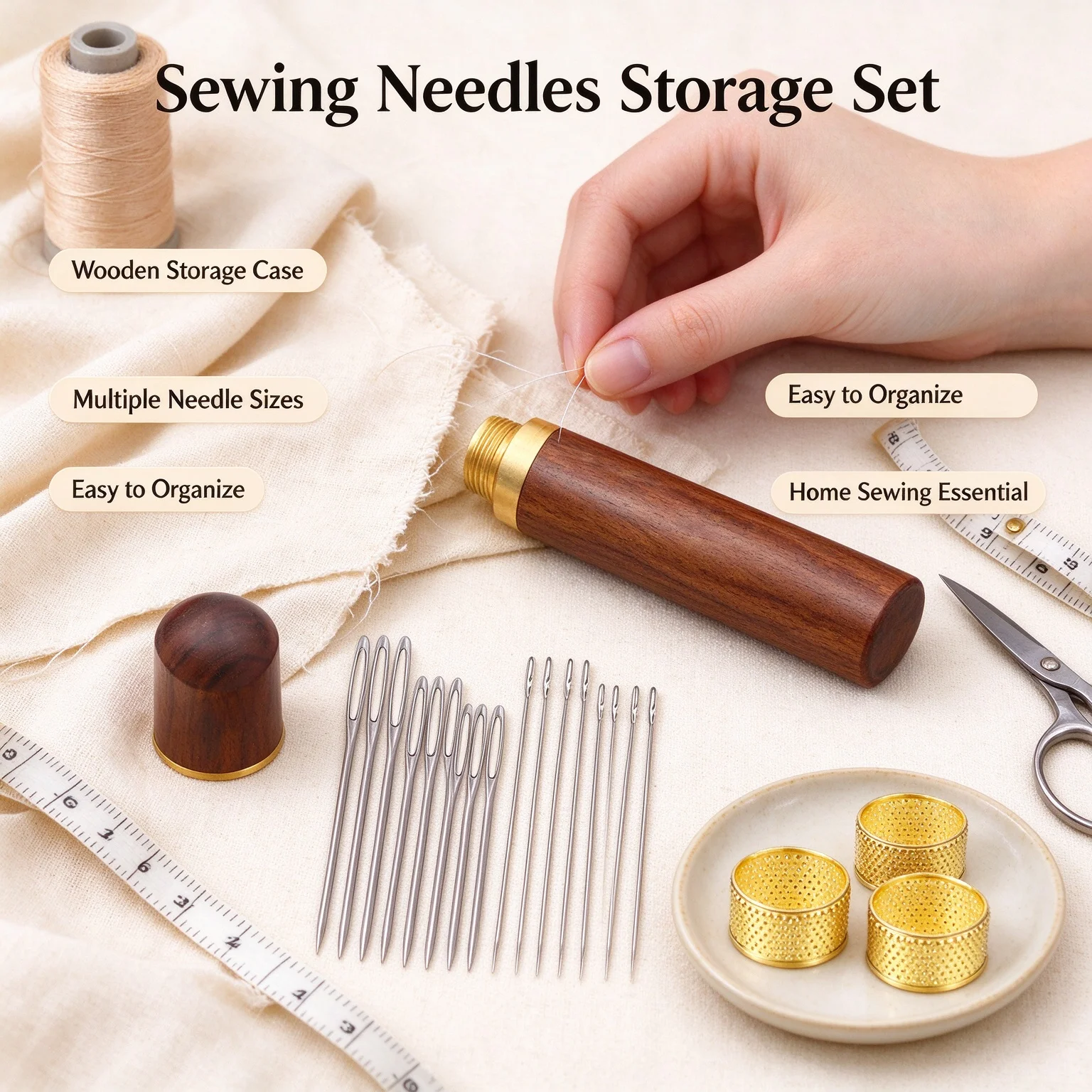 Portable Wooden Sewing Needle Case Assorted Hand Needles Storage Tube Practical Home Mending Tool Kit for Crafting