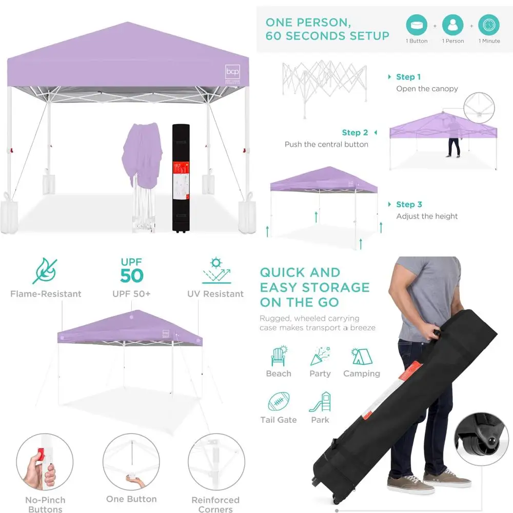 

Instant 8x8ft Pop-Up Canopy Tent for 1 Person, Easy Setup, Portable Shelter with Push-Button, Carrying Case, and 4 Weight Bags -