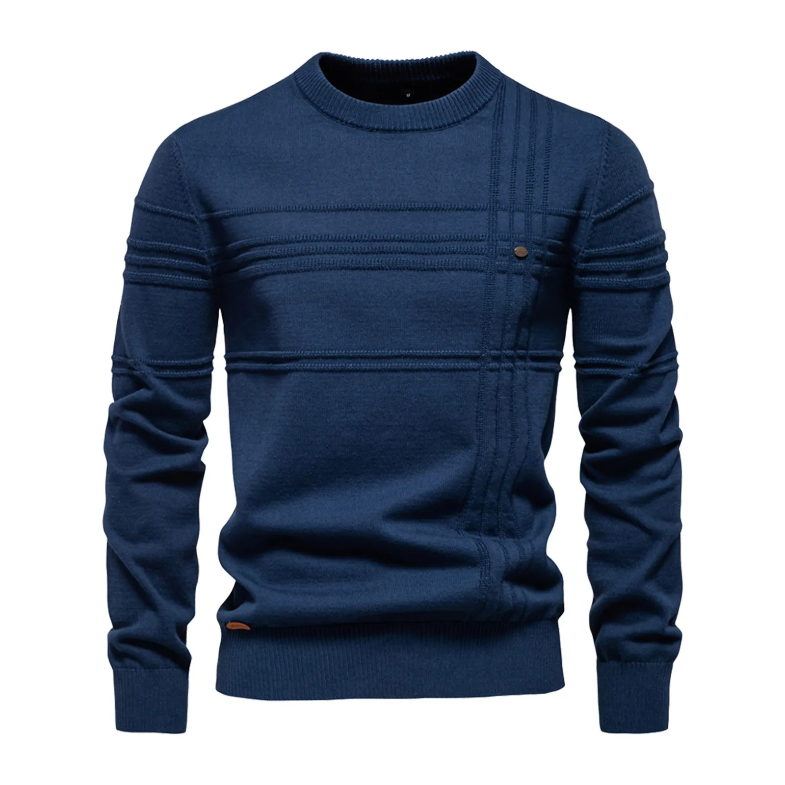 Men'S Crew Neck Knitted Cotton Solid Color Jacquard Sweater Long Sleeve Basic Elastic Pullover Sweaters For Big And Tall Coats