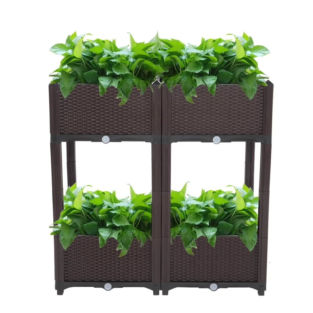 

Plastic Raised Garden Bed 4PCS Elevated Planter Box Sturdy Durable Easy Assemble Lightweight Rattan Design Gardens Patios