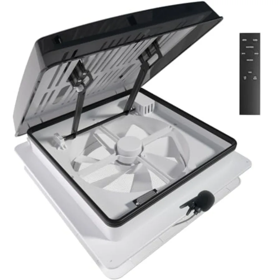 

14 x 14 Air Max RV Roof Vent Fan 12V Quiet Motorhome Ventilation with Reversible Airflow Voice Remote Control Rain Sensor Black