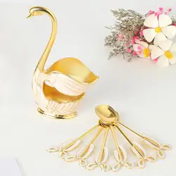 Metal Coffee Spoon Set Household Fruit Spoon For Dessert Cake Swan Base Holder Organizer with Spoons Creative and Cute Tableware