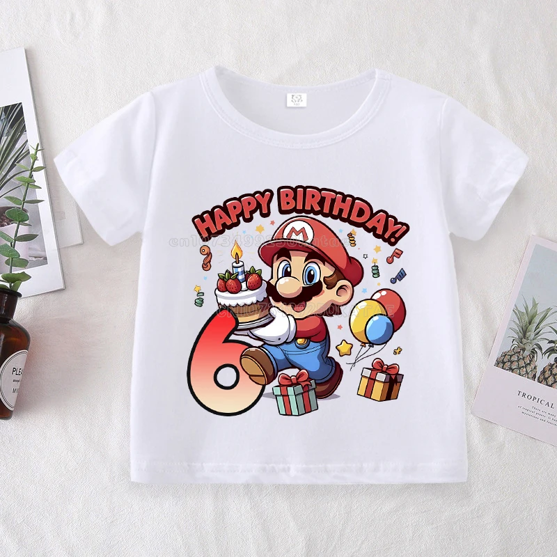 سوبر ماريوس الأطفال عدد تي شيرت الصبي عيد ميلاد الملابس الكرتون الطفل قصيرة الأكمام المحملة الصيف طفل قمم أنيمي الاطفال الملابس